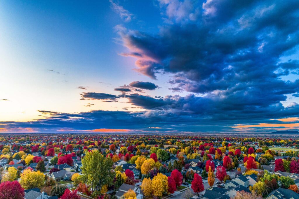 Arial view of Meridian showing the gorgeous fall colors and new home development throughout