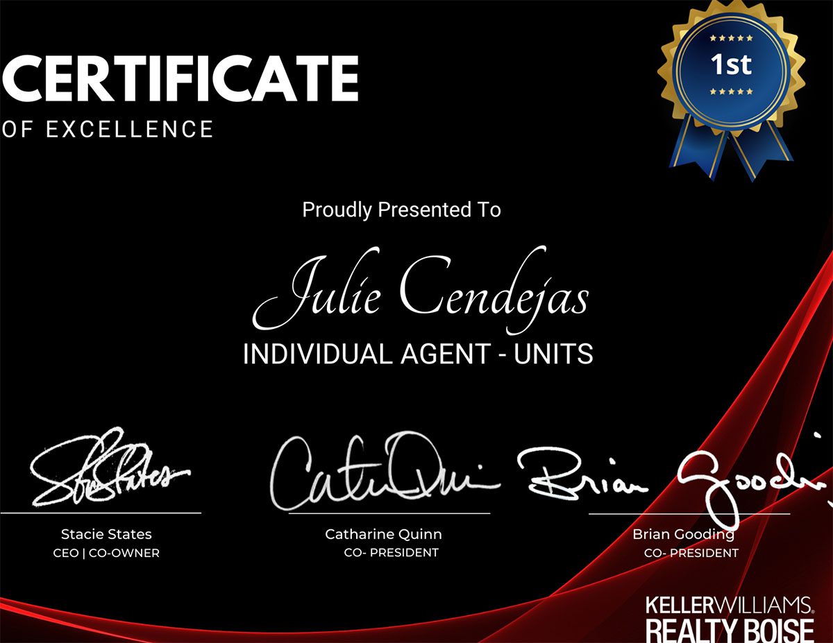 Julie Cendejas – 1st Place for Individual Agent – Units in 2023 from Keller Williams Boise